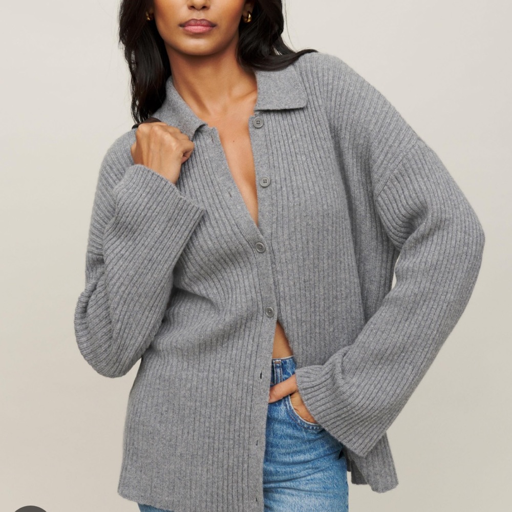 Reformation Fantino Collared Cardigan | Gray | 100% Cashmere